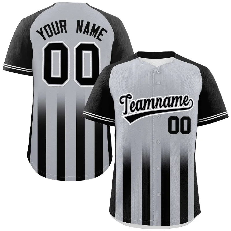 Baseball jersey for team merchandise-Custom Gray Black Raglan Sleeves Gradient Thick Stripe Authentic Baseball Jersey