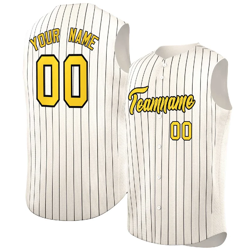 Custom baseball jersey for school teams-Custom Cream Gold-Black Sleeveless Stripe Fashion Baseball Jersey