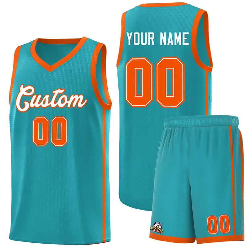 Custom basketball jersey with heat-sealed graphics-Custom Aqua White-Orange Side Two Bars Sports Uniform Basketball Jersey