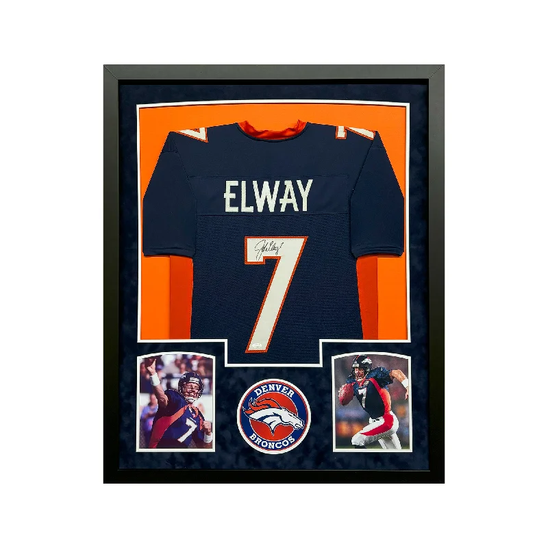 Personalized soccer jersey with retro design elements-John Elway Signed Denver Blue Custom Suede Matte Framed Football Jersey (JSA)