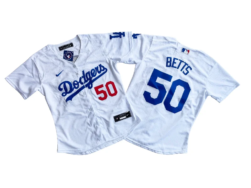 Baseball jersey with unique fabric blends for durability-Women's Los Angeles Dodgers 50# Mookie Betts Royal White Jersey.