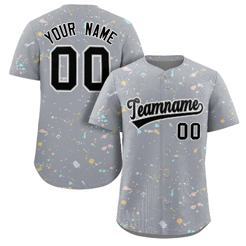 Custom baseball jersey for alumni events-Custom Gray Black-White Splash Graffiti Pattern Authentic Baseball Jersey