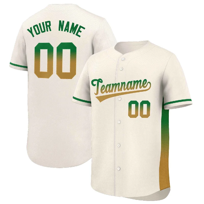 Custom baseball jersey for professional sports leagues-Custom Cream Kelly Green-Old Gold Personalized Gradient Font And Side Design Authentic Baseball Jersey