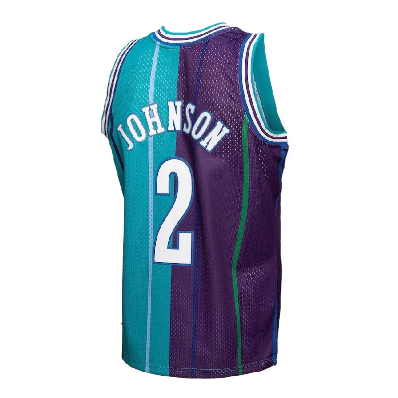 Custom basketball jersey with sublimated graphics-C.Hornets #2 Larry Johnson Mitchell & Ness Hardwood Classics 1992-93 Split Swingman Jersey Teal Purple Stitched American Basketball Jersey