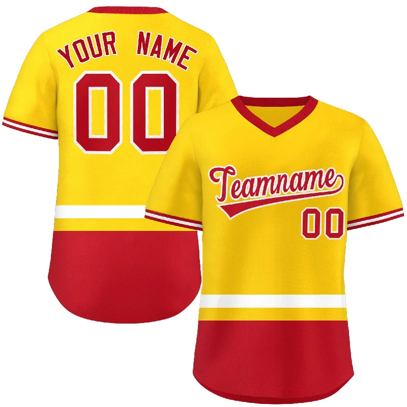 Baseball jersey with custom fabric for comfort-Custom Gold White-Red Color Block Personalized V-Neck Authentic Pullover Baseball Jersey