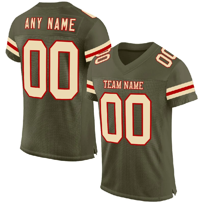 Custom soccer jersey with heat-sealed logos-Custom Olive Cream-Red Mesh Authentic Salute To Service Football Jersey