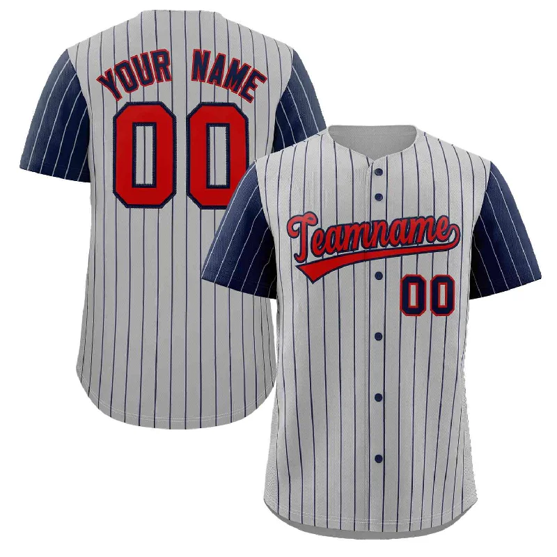 Personalized baseball jersey with unique collar styles-Custom Gray Red-Navy Stripe Fashion Raglan Sleeves Authentic Baseball Jersey