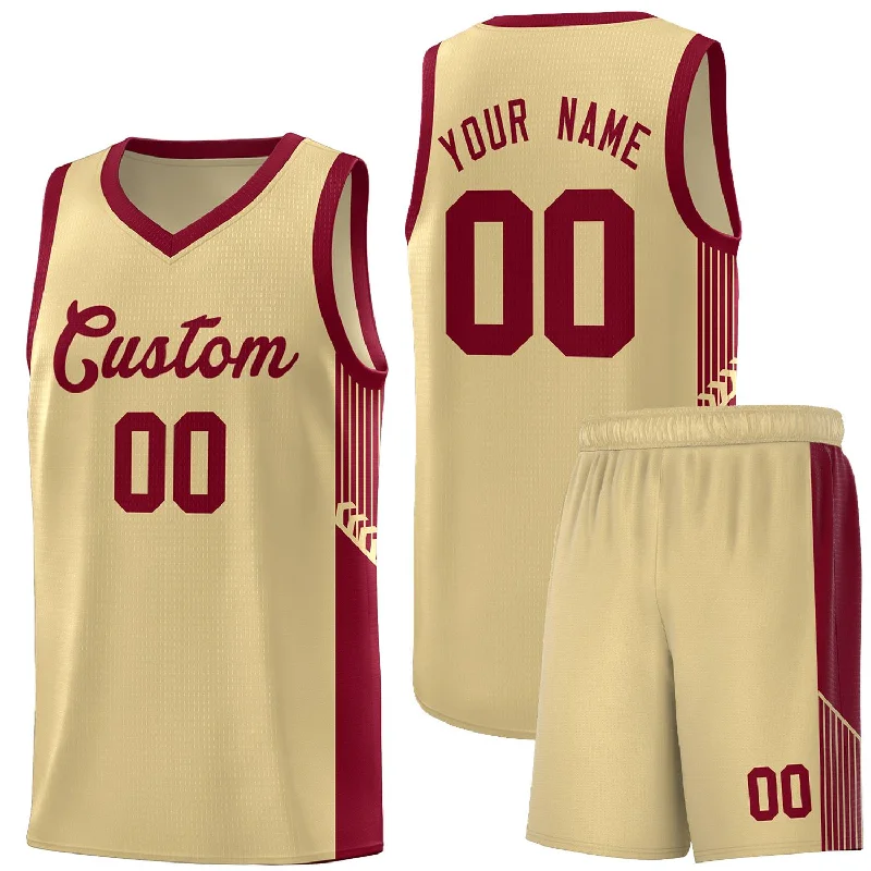 Custom basketball jersey with embroidered patches-Custom Khaki Crimson Side Stripe Fashion Sports Uniform Basketball Jersey