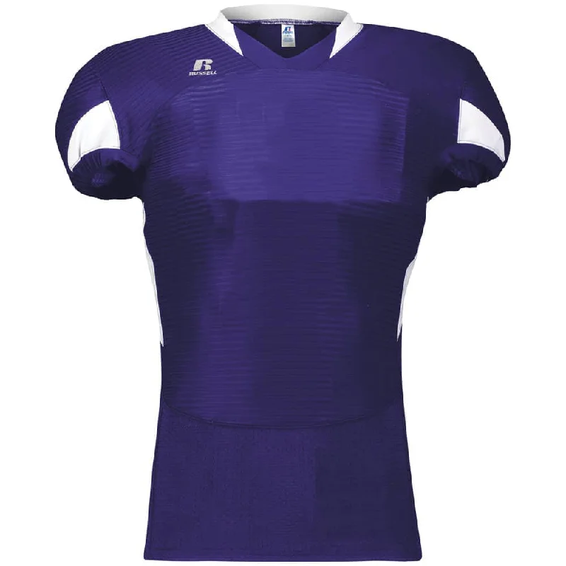 Rugby jersey for outdoor play in all weather-Russell Waist Length Purple-White Football Jersey