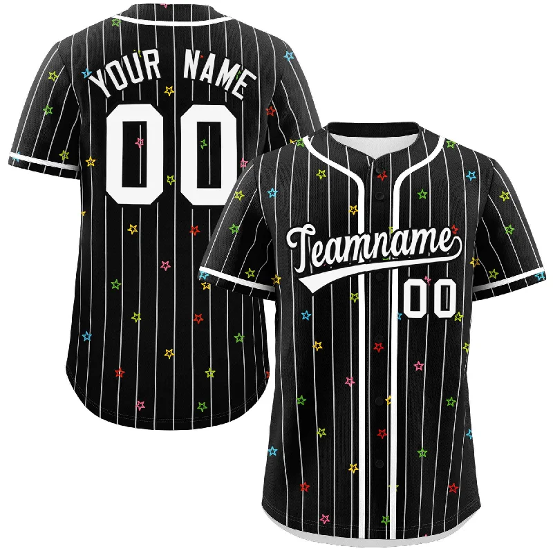 Classic baseball jersey with modern design details-Custom Black White Stripe Fashion Personalized Star Pattern Authentic Baseball Jersey