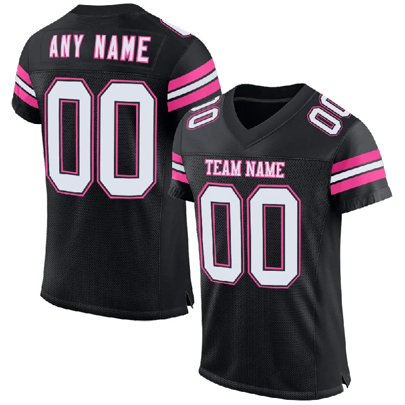 Personalized soccer jersey for youth leagues-Custom Black White-Pink Mesh Authentic Football Jersey