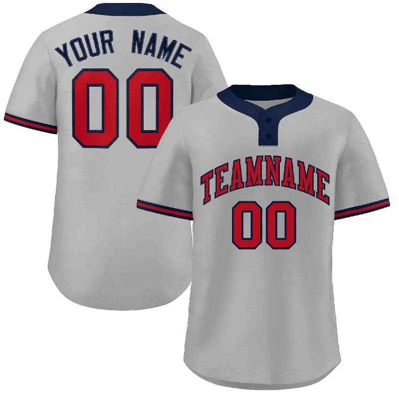 Personalized baseball jersey with name and number-Custom Gray Red-Navy Classic Style Authentic Two-Button Baseball Jersey