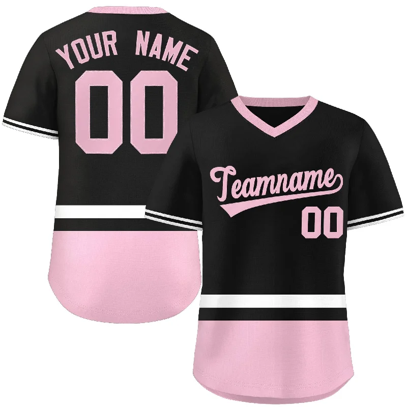 Baseball jersey with stitched lettering and numbers-Custom Black White-Light Pink Color Block Personalized V-Neck Authentic Pullover Baseball Jersey