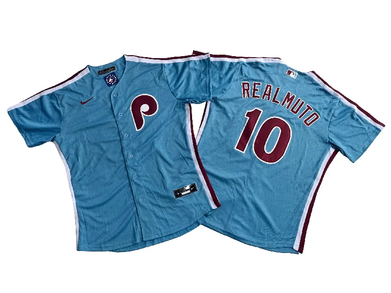 Baseball jersey for team merchandise-Men's Philadelphia Phillies 10# J.T. Realmuto  Light Blue Player Jersey