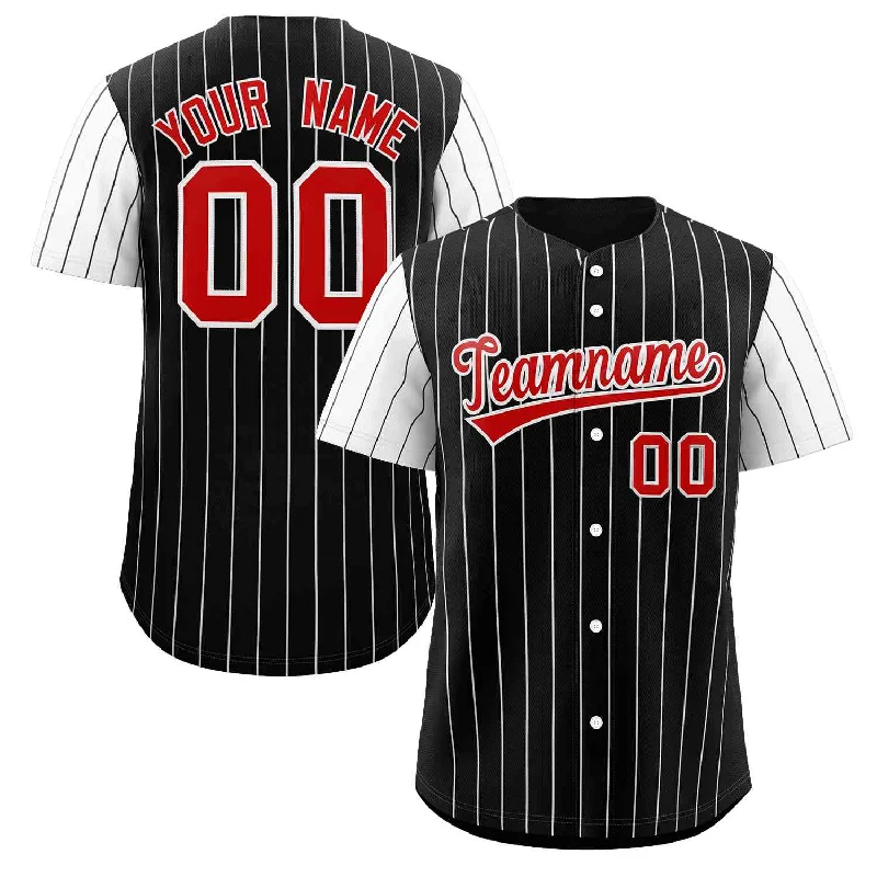 Baseball jersey with contrast trims and piping for style-Custom Black Red-White Stripe Fashion Raglan Sleeves Authentic Baseball Jersey