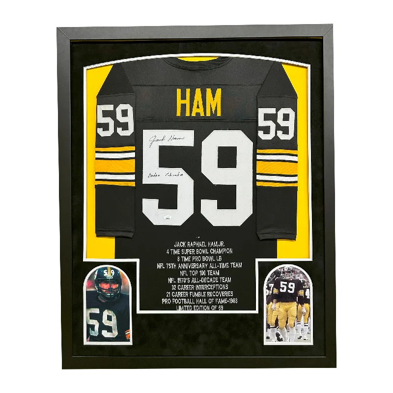 Custom soccer jersey for charity matches-Jack Ham Signed HOF 88 Pittsburgh Black Stat Throwback Custom Suede Matte Framed Football Jersey (Copy)