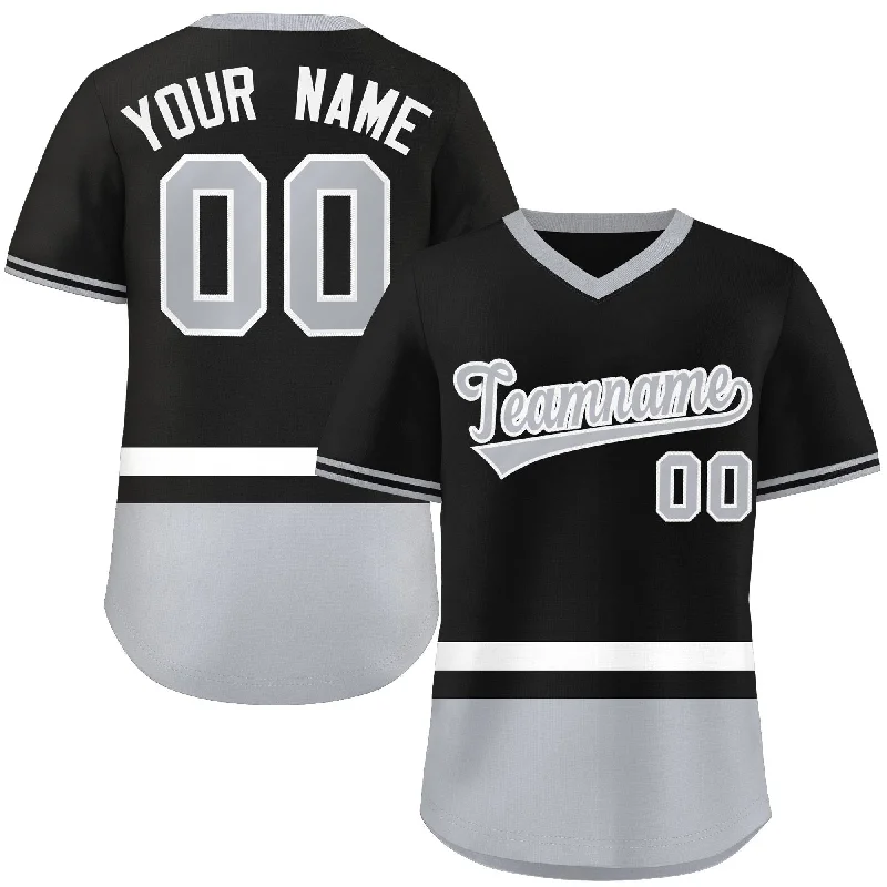 Baseball jersey with mesh paneling for air circulation-Custom Black White-Gray Color Block Personalized V-Neck Authentic Pullover Baseball Jersey