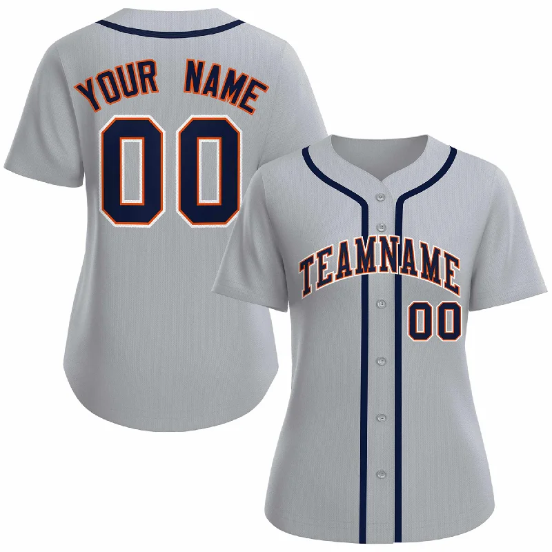 Custom baseball jersey with sublimated graphics-Custom Gray Navy Orange Classic Style Baseball Jersey for Women