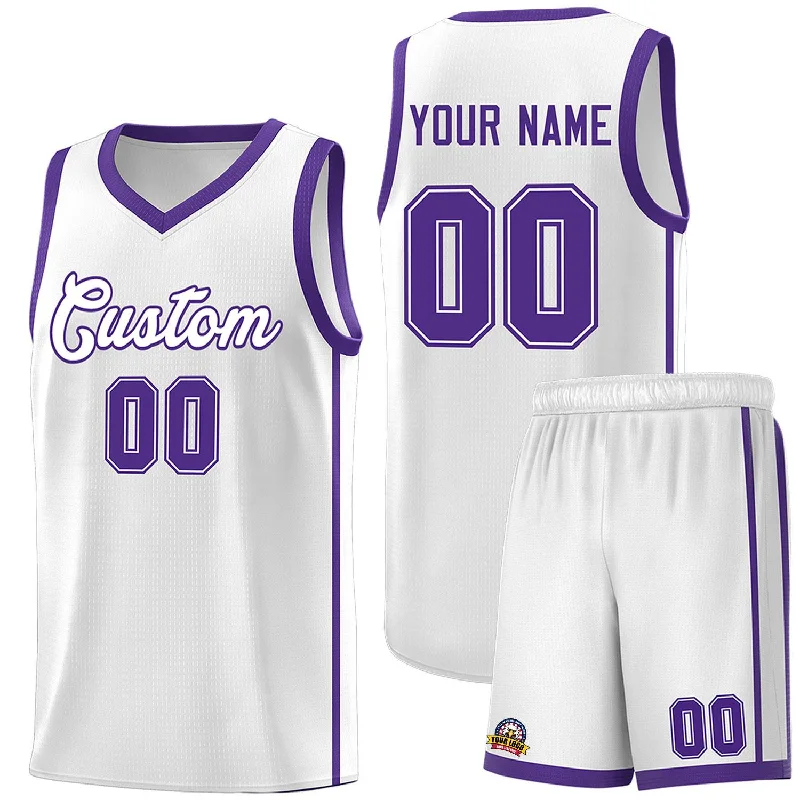 Custom basketball jersey for alumni sports teams-Custom White Purple Side Two Bars Sports Uniform Basketball Jersey