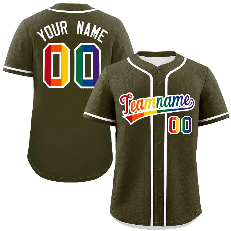 Baseball jersey with stretchable fabric for better movement-Custom Olive LGBT Rainbow For Pride Month Classic Style Authentic Baseball Jersey