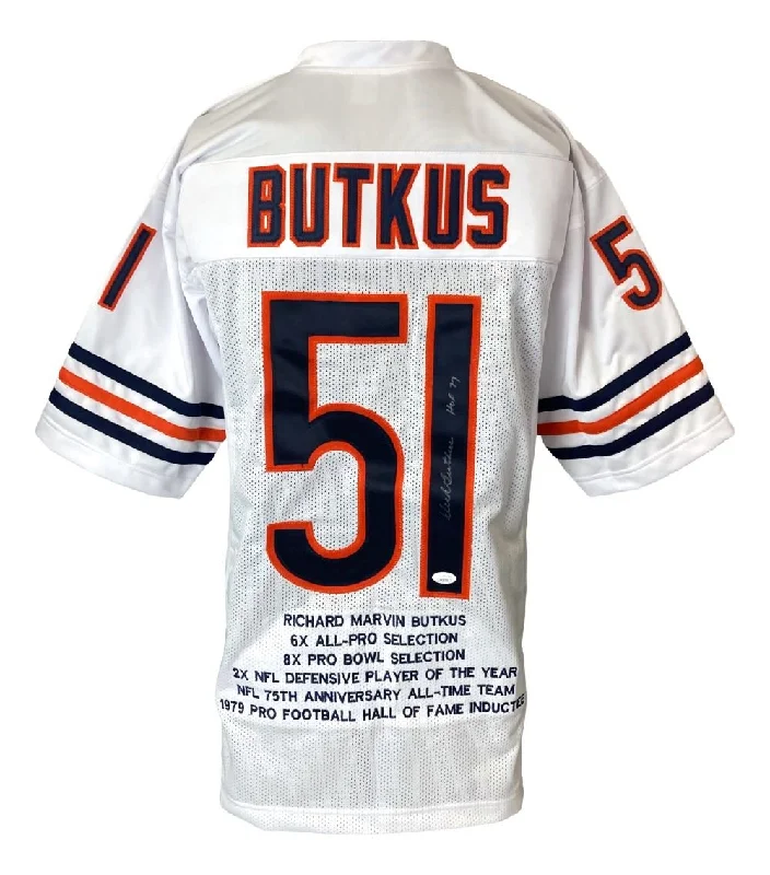 Personalized soccer jersey for professional fan clubs-Dick Butkus Chicago Signed White Stat Football Jersey HOF 79 JSA