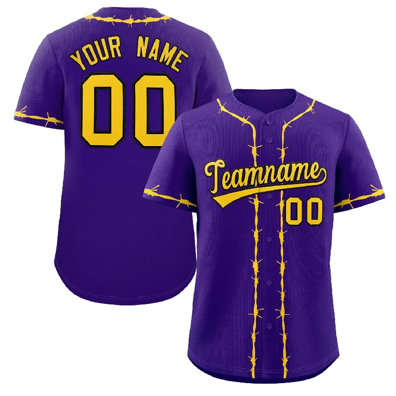 High-quality baseball jerseys for league players-Custom Purple Gold Thorns Ribbed Classic Style Authentic Baseball Jersey