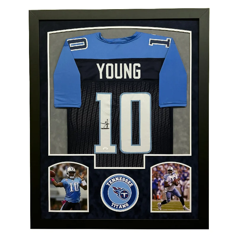 Custom soccer jersey with bold team colors-Vince Young Signed Tennessee Blue Custom Suede Matte Framed Football Jersey