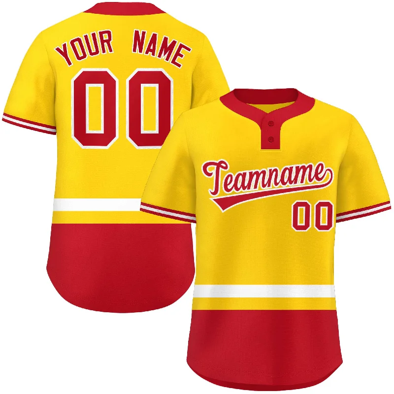 Custom baseball jersey for tournament teams-Custom Gold White-Red Color Block Personalized Authentic Two-Button Baseball Jersey