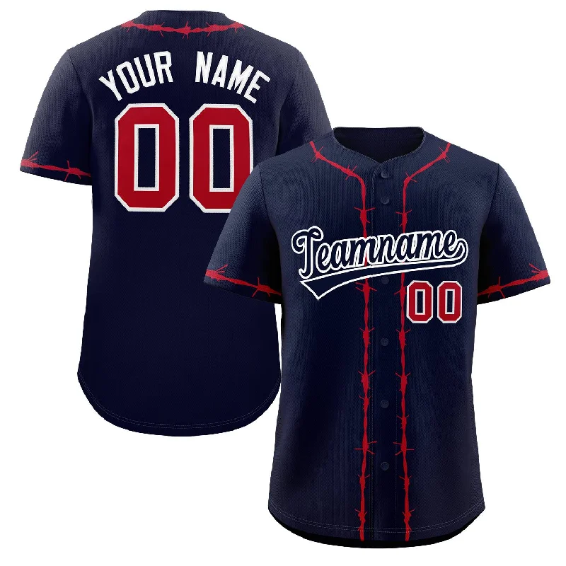 Baseball jersey with moisture-wicking technology-Custom Navy Red Thorns Ribbed Classic Style Authentic Baseball Jersey