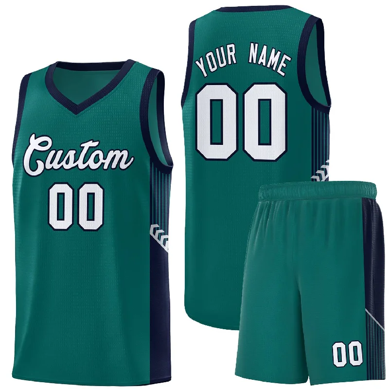 Basketball jersey with adjustable features for comfort-Custom Aqua White-Navy Side Stripe Fashion Sports Uniform Basketball Jersey