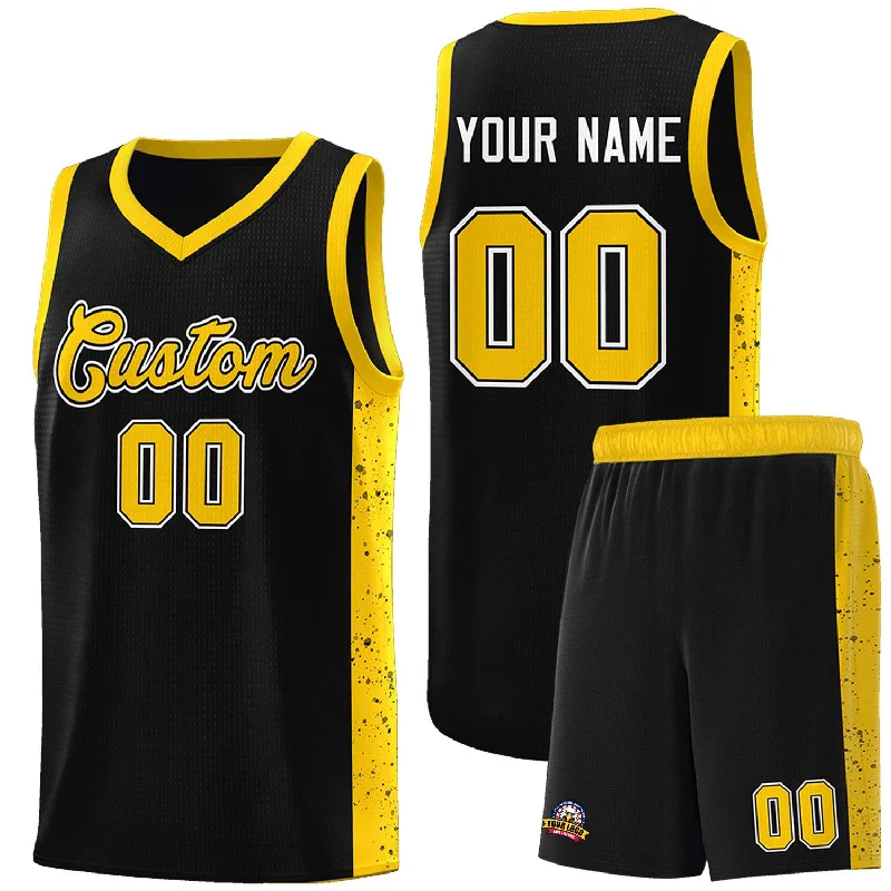 Basketball jersey with wide neck design for easy wear-Custom Black Gold Side Splash Sports Uniform Basketball Jersey