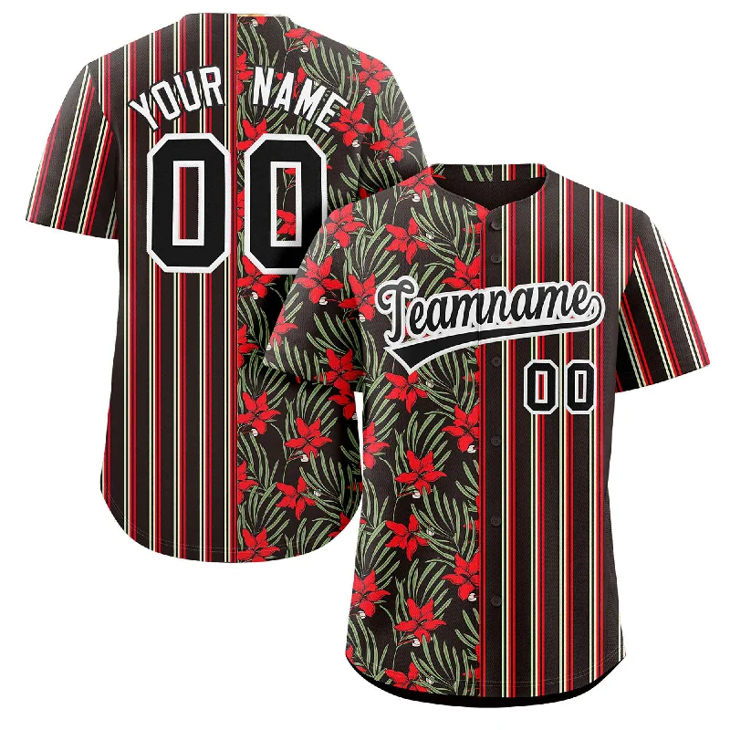 Baseball jersey with full-sleeve design for colder weather-Custom Black Red Hawaii Tropical Flower Stripe Fashion Baseball Jersey