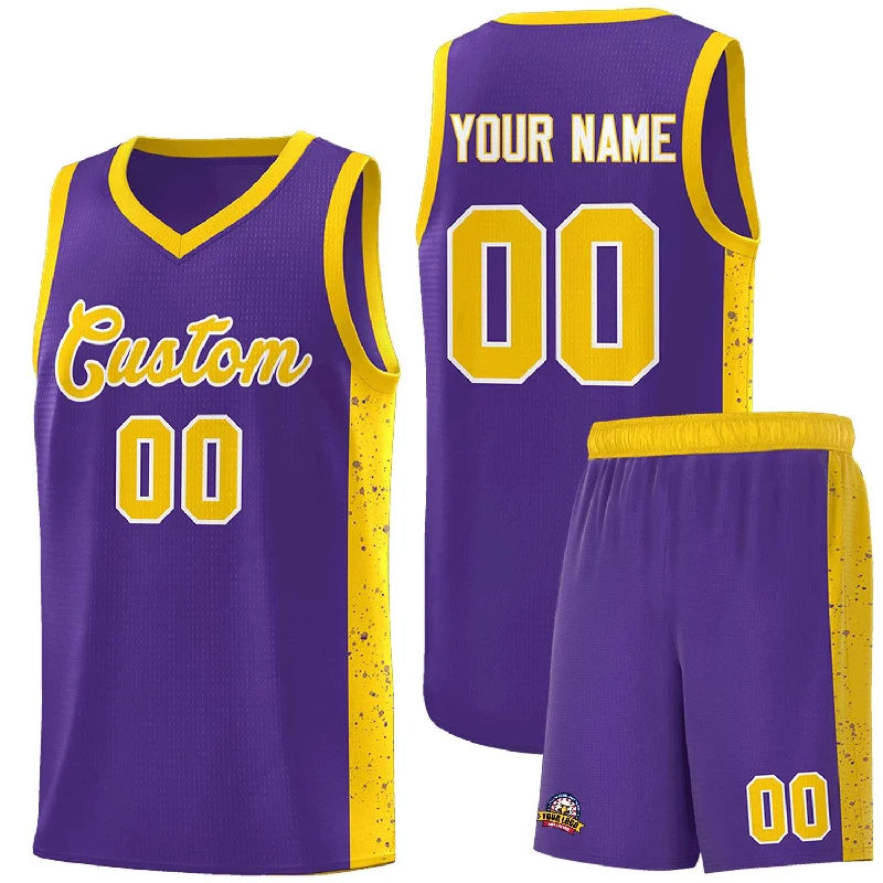 Custom basketball jersey with player details on the back-Custom Purple Gold-White Side Splash Sports Uniform Basketball Jersey