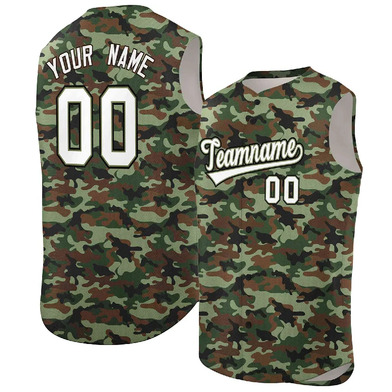 Personalized baseball jersey with unique colors and patterns-Custom Brown Green-White Camo Fashion Authentic Sleeveless Baseball Jersey