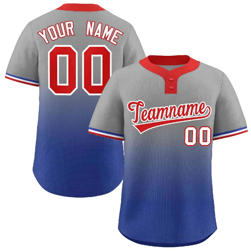 Personalized baseball jersey with player-specific logos-Custom Gray Royal Red-White Gradient Fashion Authentic Two-Button Baseball Jersey