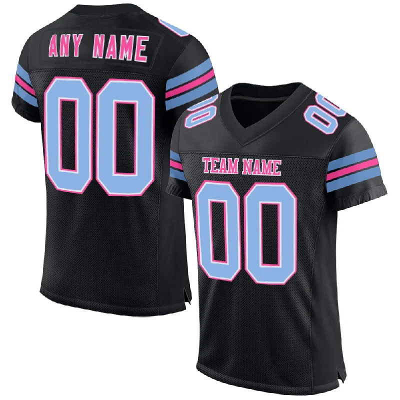 Soccer jersey with adjustable neck for comfort-Custom Black Light Blue-Pink Mesh Authentic Football Jersey