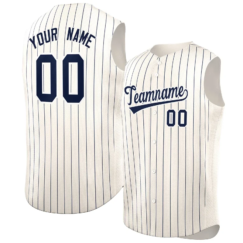 Premium baseball jersey for professional teams-Custom Cream Navy-White Sleeveless Stripe Fashion Baseball Jersey