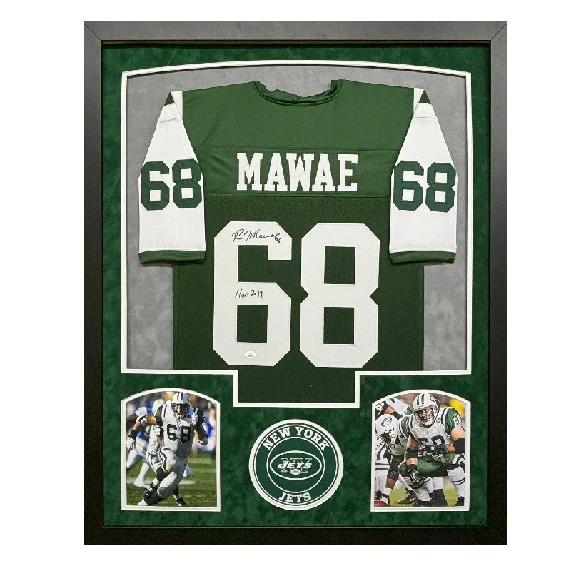 Soccer jersey for fans with team logos-Kevin Mawae Signed HOF 2019 New York Green Custom Suede Matte Framed Football Jersey (JSA)