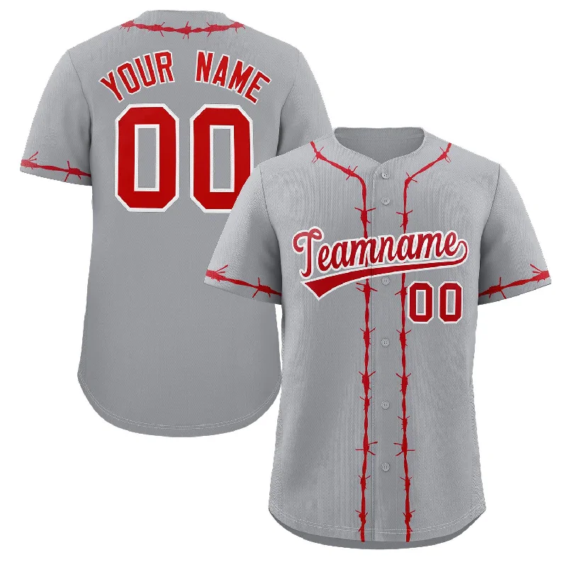 Custom baseball jersey for exhibition matches-Custom Gray Red Thorns Ribbed Classic Style Authentic Baseball Jersey