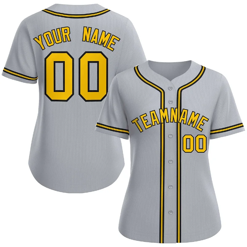 Baseball jersey with bold team logos and symbols-Custom Gray Gold-Black Classic Style Baseball Jersey For Women