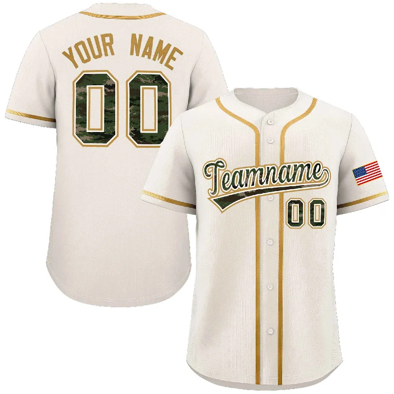 Personalized baseball jersey with player-specific logos-Custom Cream Personalized Camo Font Authentic Baseball Jersey