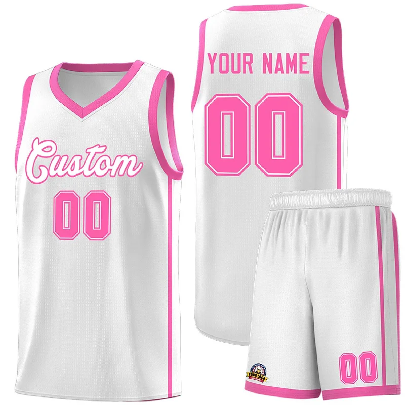 Personalized basketball jersey for team competitions-Custom White Pink Side Two Bars Sports Uniform Basketball Jersey