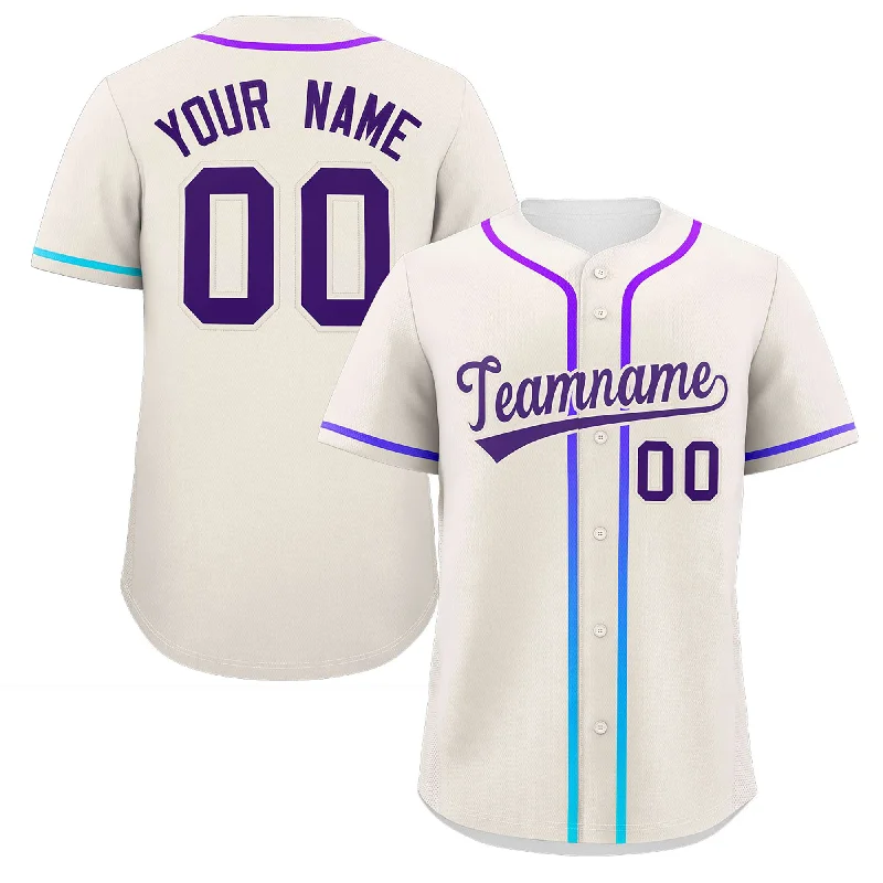 Baseball jersey with performance fabric for speed and agility-Custom Cream Purple Personalized Gradient Ribbed Design Authentic Baseball Jersey