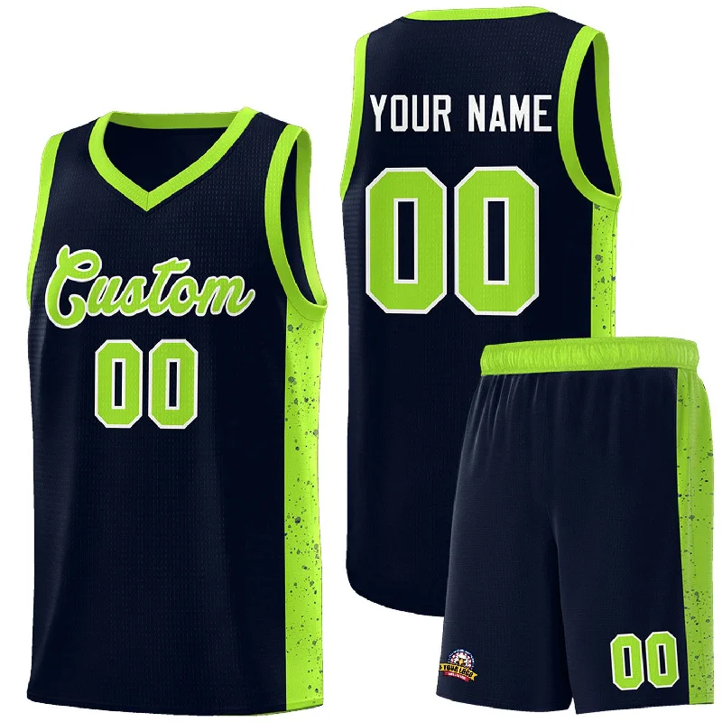 Basketball jersey with stretchable fabric for better mobility-Custom Navy Neon Green-White Side Splash Sports Uniform Basketball Jersey