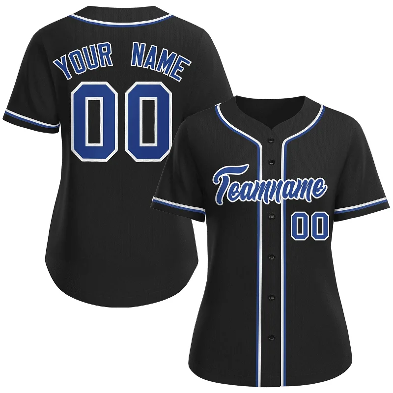 Team baseball jerseys with embroidered logos and lettering-Custom Black Royal-White Classic Style Baseball Jersey For Women