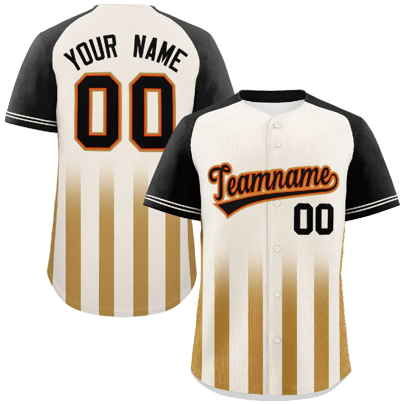 Full-button baseball jersey for traditional style-Custom Cream Black Raglan Sleeves Gradient Thick Stripe Authentic Baseball Jersey