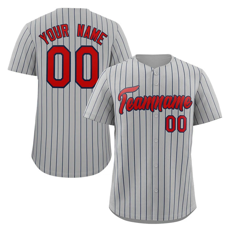 Custom team baseball jerseys with sponsor logos-Custom Gray Red-Navy Stripe Fashion Authentic Baseball Jersey