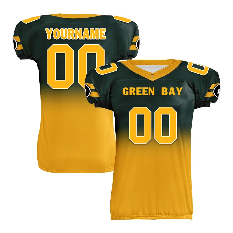 Rugby jersey with embroidered patches for teams-Custom Green Yellow Fade Fashion Green Bay High-Performance American Football Jersey FBJ06-D020252-13