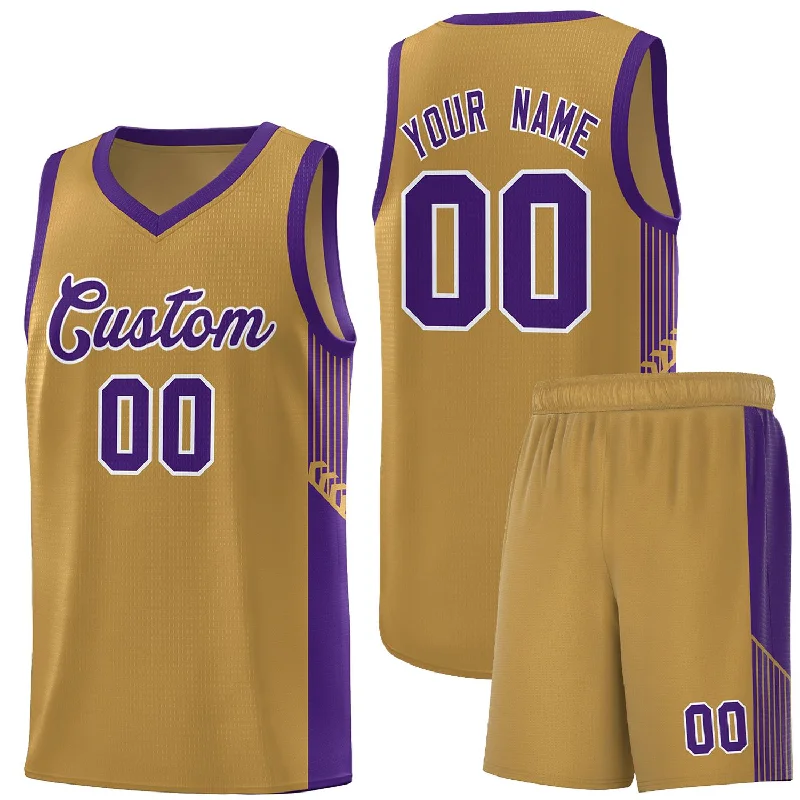 Basketball jersey for fan apparel with embroidered team logo-Custom Old Gold Purple-White Side Stripe Fashion Sports Uniform Basketball Jersey