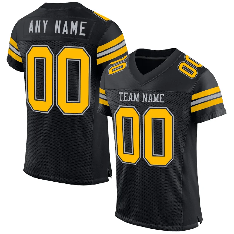 Custom soccer jersey for custom graphics and designs-Custom Black Gold-Gray Mesh Authentic Football Jersey